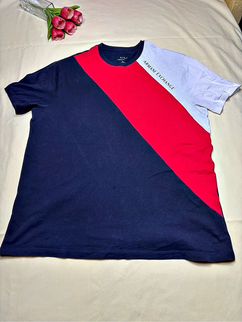 Armani Exchange navy, red, and white diagonal color block t-shirt in a L